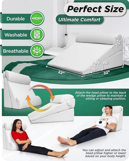 Lunix 4pcs Orthopedic Bed Wedge Pillow Set for Sleeping – Adjustable Post Surgery Back, Leg & Knee Support, Acid Reflux & GERD Relief, Memory Foam Head Pillows, with Hot/Cold Pack, White