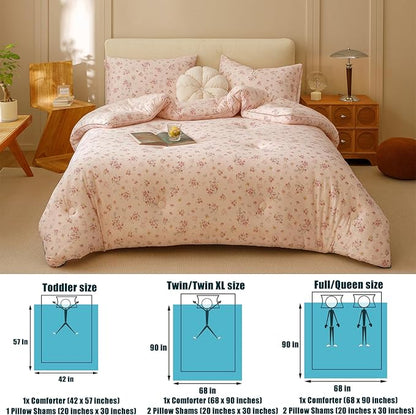 3PCS Comforter Twin Size Bed Set, Ultra Soft Marshmallow Fluffy Comforter Sets, Cute Bedding Set for Kids Girls Teen, Microfiber Lightweight All Seasons Bedroom (Pink Petals)