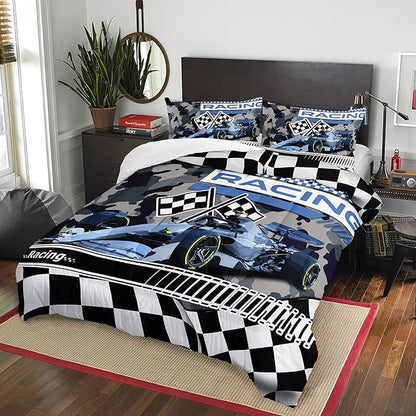 AILONEN Racing Car Comforter Set Twin Size, Racing Plaid Patterns with Cool Speed Race Car Bedding Set for Kids Boys Girls Teens Bedroom,3 Pieces,1 Quilt and 2 Pillowcases,Soft,Breathable