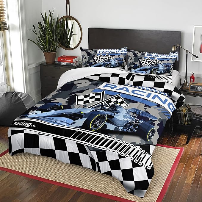 AILONEN Racing Car Comforter Set Full Size, Racing Plaid Patterns with Cool Speed Race Car Bedding Set for Kids Boys Girls Teens Bedroom,3 Pieces,1 Quilt and 2 Pillowcases,Soft,Breathable