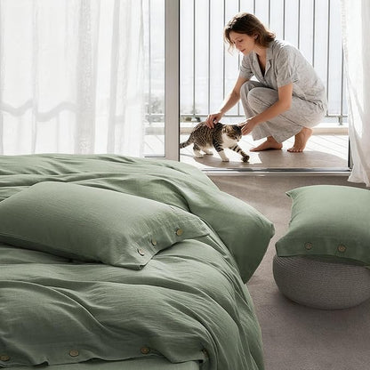 JELLYMONI Cotton Duvet Cover King Size - Sage Green Comforter Cover with Button 100% Washed Cotton 3PCS Breathable Soft Solid Bedding Set Duvet Cover 104×90in & 2 Pillowcases (NO Comforter)