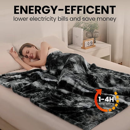 Electric Heated Blanket 84"x90",Luxury Black Faux Fur Electric Blanket ，Fast Heating Soft Fluffy Thick Electric Blanket with 10 Heating Levels & 12H Auto Off