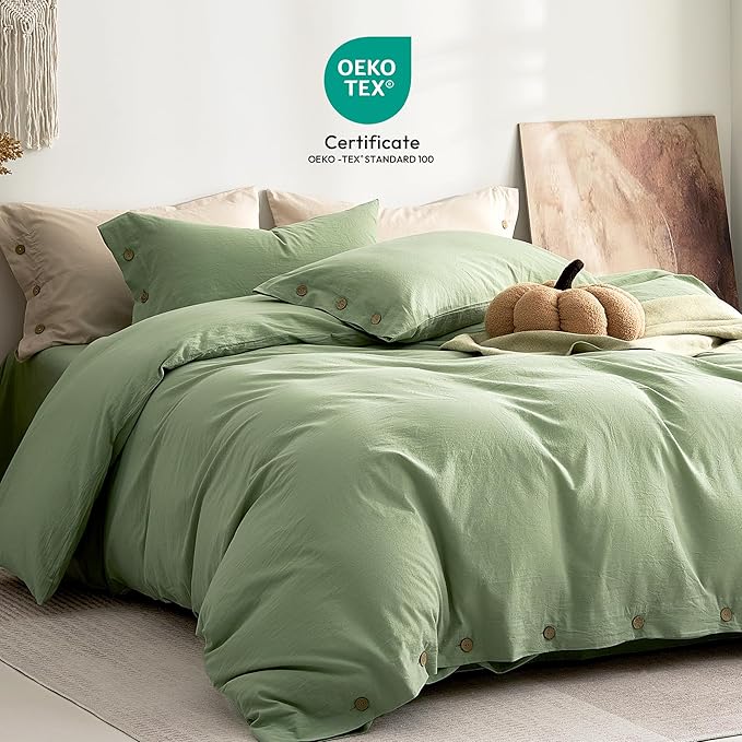 JELLYMONI 100% Washed Cotton Duvet Cover King – Soft, Breathable Linen-Look Bedding with Natural Wrinkle Texture, Button Closure, 3-Piece Set (Mint Green, 104"x90")