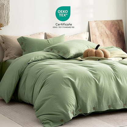 JELLYMONI 100% Washed Cotton Duvet Cover Full – Soft, Breathable Linen-Look Bedding with Natural Wrinkle Texture, Button Closure, 3-Piece Set (Mint Green, 80"x90")