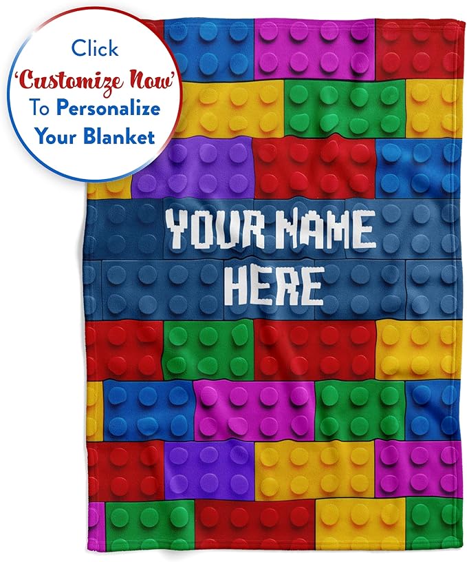Custom Throw Blanket for Boys with Custom Name | Compatible | Ultra Soft Warm Bedding | Room Decor or Bed Cover | Couch Blanket | Creative Colorful Building Blocks (Sherpa, 60x80)