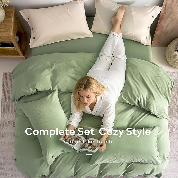 JELLYMONI 100% Washed Cotton Duvet Cover King – Soft, Breathable Linen-Look Bedding with Natural Wrinkle Texture, Button Closure, 3-Piece Set (Mint Green, 104"x90")