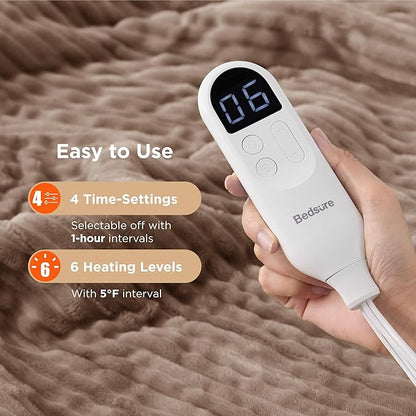 Bedsure GentleSoft Heated Blanket Throw - Soft Ribbed Flannel Electric Blanket, Heating with 4 Time Settings, 6 Heat Settings, and 3 hrs Timer Auto Shut Off, Gifts for Grandma (50x60 inches, Brown)