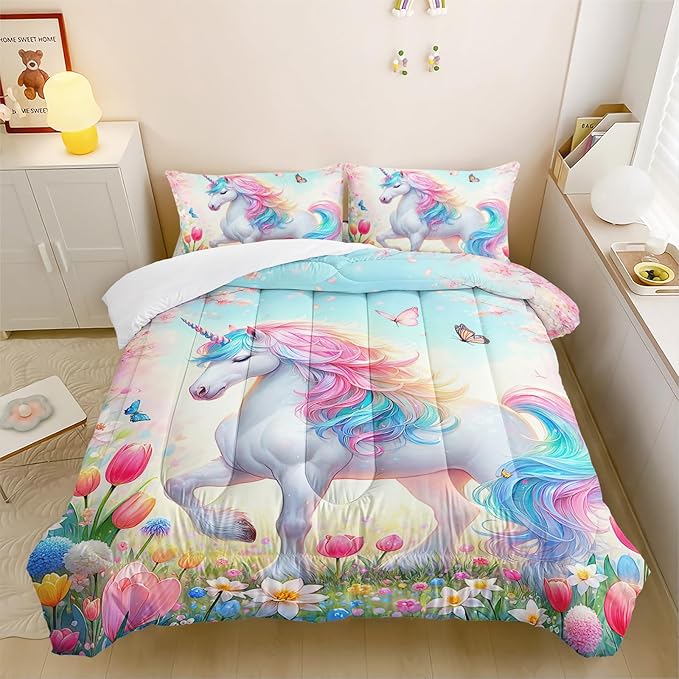 Pink Unicorn Comforter Set Twin Size, 3 Pieces Superior Kids Flower Butterfly Bedding Set for Teen Girls and Kids Toddler, Cute Unicorn for Room Decor 3Pcs, 1 Comforter and 2 Pillowcase