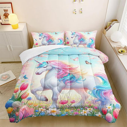 Pink Unicorn Comforter Set Twin Size, 3 Pieces Superior Kids Flower Butterfly Bedding Set for Teen Girls and Kids Toddler, Cute Unicorn for Room Decor 3Pcs, 1 Comforter and 2 Pillowcase
