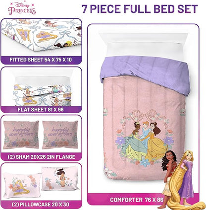 Jay Franco Kids Comforter Set Includes Sheets and Pillow Covers - Soft and Cozy Bed Set for Stylish Room Decor, Pink – Disney Princess, 7 Piece Full