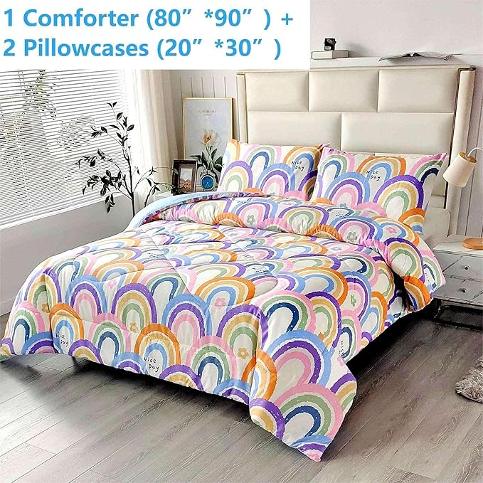 SDIII 3PCS Rainbow Comforter Set Full, Soft Microfiber Lightweight Rainbow Comforter Full, Cute Colorful Bedding Quilt Set for Girls Boys Kids Teens