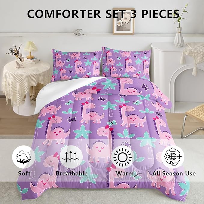Axolotl Cute Dinosaur Comforter Set Queen Size,Girls Bedding Cartoon Dinosaur Bedding Set for Girls Teens Kids Boys Adults Room Decor,Kids Comforter Set All Season,1 Quilt 2 Pillow Cases,Purple