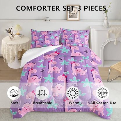 Axolotl Cute Dinosaur Comforter Set Twin Size,Girls Bedding Cartoon Dinosaur Bedding Set for Girls Teens Kids Boys Adults Room Decor,Kids Comforter Set All Season,1 Quilt 2 Pillow Cases,Purple