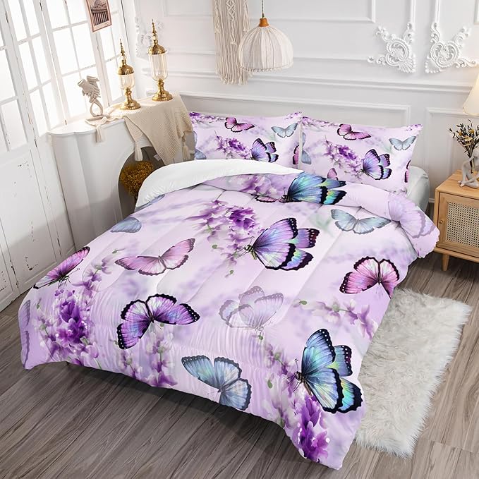Lavender Butterfly Comforter Set for Girl Kid Adult Colorful Butterfly Pattern Bedding Set Aesthetics Butterflies Quilt Bed Set Queen Size with 1 Comforter and 2 Pillowcases