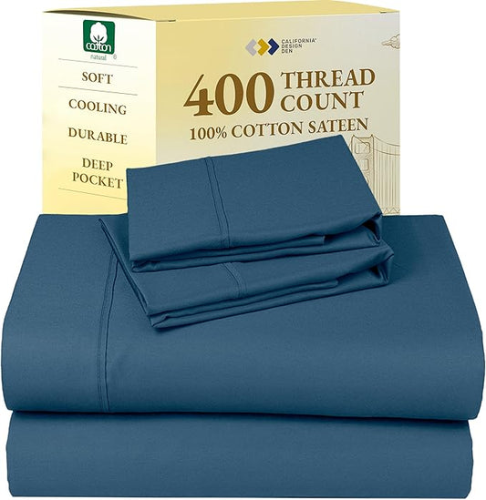 California Design Den Full Size Bed Sheets Set - Soft 400 Thread Count Sateen, Natural 100% Cotton Sheets with Deep Pockets, Breathable, and Durable Bedding Set - Peacock Blue