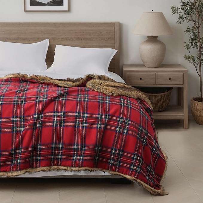 HORIMOTE HOME Luxury Plush Faux Fur Throw Blanket with Red Plaid Pattern, Super Warm, Fuzzy, Elegant, Fluffy Decoration Christmas Holiday Blanket for Couch, Armchair, Sofa and Bed, 60''x 80''