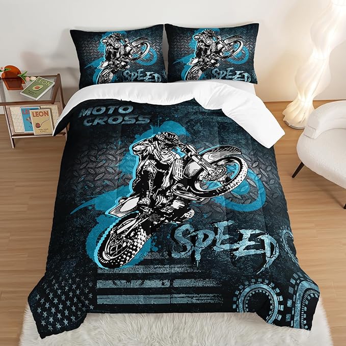 HOSIMA Dirt Bike Comforter Motocross Rider Bedding Set for Race Car Bed,American Flag Motorbike Comforter for Queen Size Bed Extreme Sport Bedding Set for Boys Teens Mens Bedroom Essentials.