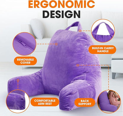 Cheer Collection Reading Pillow with Arms – Portable Bed Pillow for Sitting Up & Support, Foam-Filled Back Rest Pillow for Sitting in Bed & Couch, Machine Washable Purple (Large)