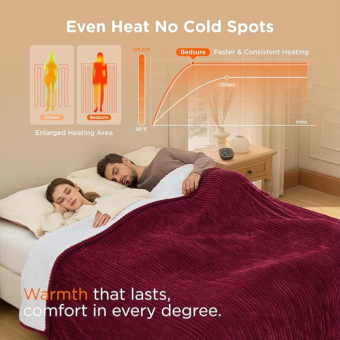 Bedsure GentleSoft Electric Blanket Queen Size - Soft Ribbed Flannel Heated Blanket with Dual Control, Heating with 10 Heat Settings & 10 Time Settings, 8 hrs Timer Auto Shut Off (84"x90", Burgundy)