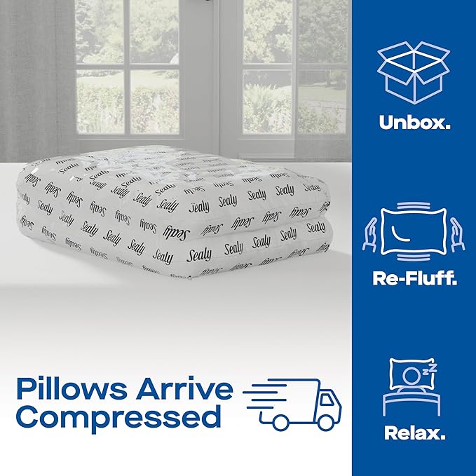 SEALY Perfect Temp Bed Pillows, Plush 100% Cotton Cover, Soft, Breathable, Temperature Balancing, Moisture Wicking, Hypoallergenic EverFluff Fiberfill, Machine Washable, Standard/Queen, White- 2 Pack