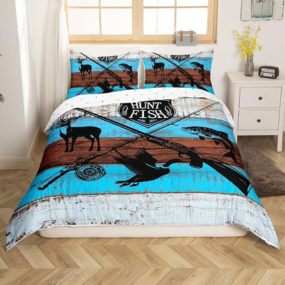 Deer Bird Fish Animal Hunting Full Size Duvet Cover Set,Hunt Fish Themed Comforter Cover with 2 Pillowcases,3pcs,Rustic Blue Wooden Board Polyester Bed Spread for Boys Teens Bedroom Decor