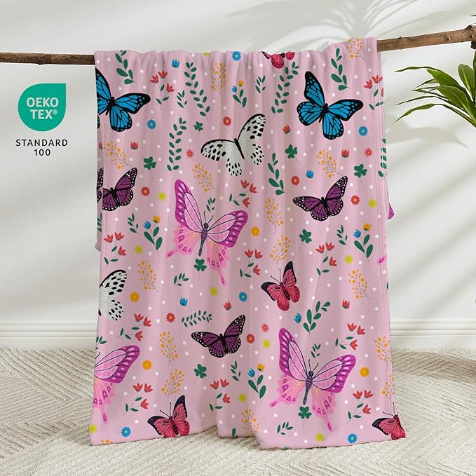 Butterfly Kids Throw Blanket for Girls Teens Toddler Pink Soft Fuzzy Flannel Bed Blanket Colorful Flowers Birthday Gifts for Women Girls Kids Teens Adults, 60”x80”