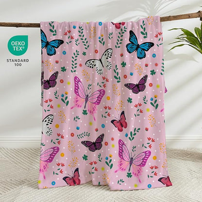 Butterfly Kids Throw Blanket for Girls Teens Toddler Pink Soft Fuzzy Flannel Bed Blanket Colorful Flowers Birthday Gifts for Women Girls Kids Teens Adults, 60”x80”