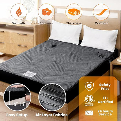 Electric Heated Mattress Pad Queen Size Dual Control Bed Warmer, Deep Pocket, Side Storage Pouch for Controller, Machine Washable, 3D Air Layer Fabric, 60"x80", Black Charcoal