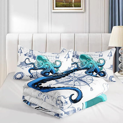 HOSIMA Octopus Bedding Sets,Nautical-Themed White Comforter Full Size,Tentacle Sea Animals Nautical Bedding Ship Helm Anchor Print Design for Boys Girls Room Decor,Ocean Bedding Seaside Home Decor.