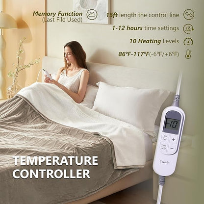 Heat Blanket 62”x84” Twin Size,Soft Flannel & Sherpa Reversible Electric Blanket with 10 Heat Settings,12 Timer Setting and 8 Hours Auto-Shut Off,ETL Certified Machine Washable,Light Brown