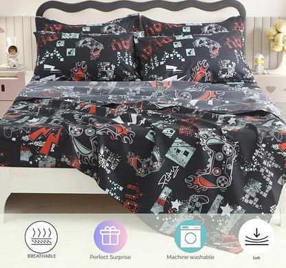 SDY 7PCS Game Console Comforter Set Queen Size Cute Printed Gamer Comforter Set for Toddler,Girls Boys and Kids, Gaming Comforter,with Comforter, Flat Sheet, Fitted Sheet and Pillowcases & Shams
