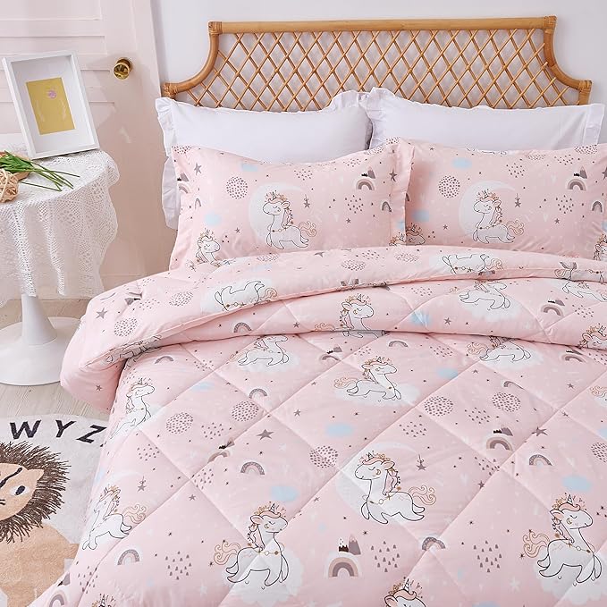 JSD Pink Unicorn Kids Comforter Set Queen Size, 3 Piece Printed Microfiber Comforter with Pillow Sham, Machine Washable