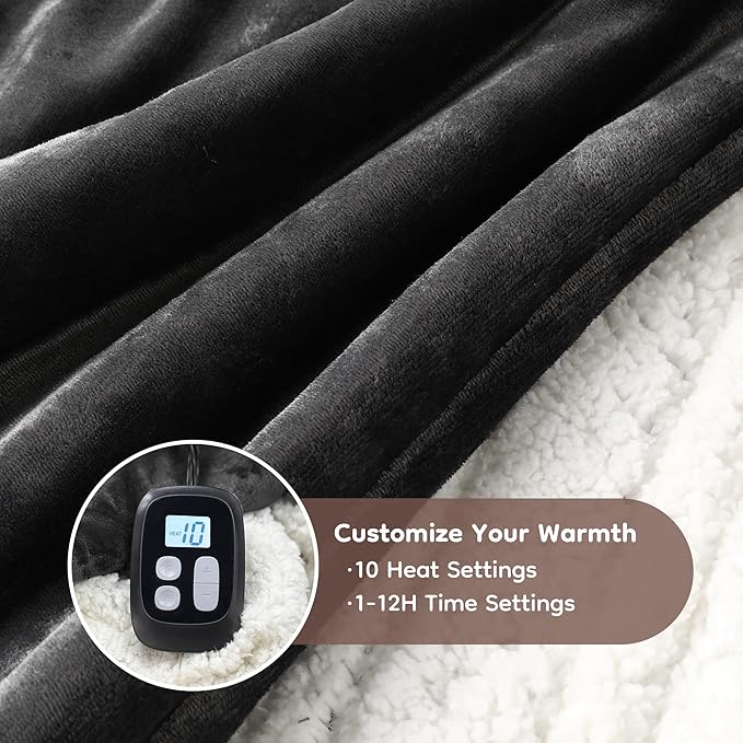 Electric Heated Blanket Full Size - 72"x84", Soft Flannel Heating Blanket, 10 Heating Levels, 1-12 H Auto Shut Off, Breathable Warm and Washable for Bed, Dark Grey