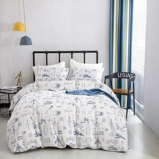 Wellboo Aircraft Comforter Sets Queen Boys Kids Plane Cartoon Tank Bedding Comforters Cotton Toddler Children White and Blue Aviation Quilts Blue Military Cars Transport Army Blankets Vehicles Bedding