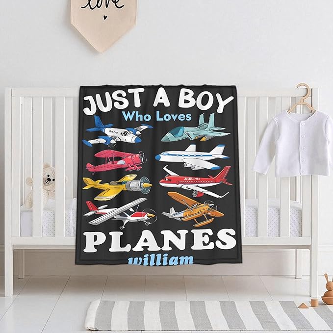 Custom Airplane Blanket for Boys Kids Child Toddler Just A Boy Who Loves Planes Blanket Warm Plush Fleece Planes Throw for Bed Sofa Office Decor Custom Airplane Gifts Ideas 30"x40"-XS