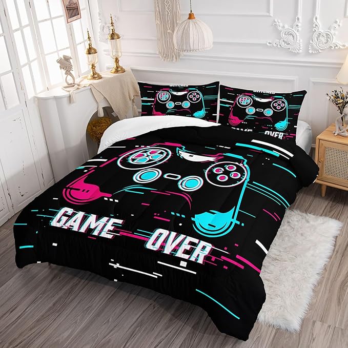 Kids Comforter Set Blue Pink Gamepad Printed Pattern Bedding Set with 1 Comforter and 2 Pillowcases for Girls Boys Bedroom All Season(Blue Pink Gamepad Full)