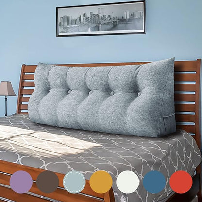 Wedge Headboard Pillow Dorm Room Reading Pillow Back Support for Sitting Up in Bed Bolster Lumbar Cushion Body Positioning Bedrest Gifts for Mom Cotton Linen 59in Gray Queen