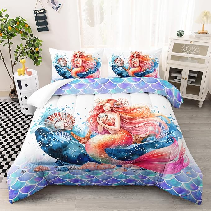 Mermaid Comforter Set Full Size, Cute Mermaid Conch Sea Shell Bedding Set with Fish Scale Design for Kids Girl, Ocean Theme Duvet Set with 2 Pillowcases