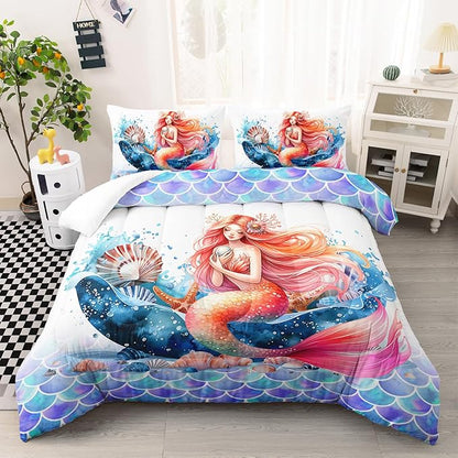 Mermaid Comforter Set Twin Size, Cute Mermaid Conch Sea Shell Bedding Set with Fish Scale Design for Kids Girl, Ocean Theme Duvet Set with 2 Pillowcases
