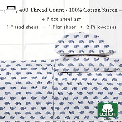California Design Den Full Size Bed Sheets Set - 400 Thread Count Sateen, Natural 100% Cotton Sheets for Full Size Bed, Deep Pocket and Durable Bedding Set - Paisley Blue