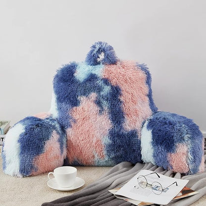 Reading Pillow for Bed Adult - Faux Fur Backrest Pillow with Arms, Ergonomic Back Pillows for Sitting in Bed, Extra Fluffy TV Pillows, College Dorm Pillows, Functional Bed Cushion, Bedrest