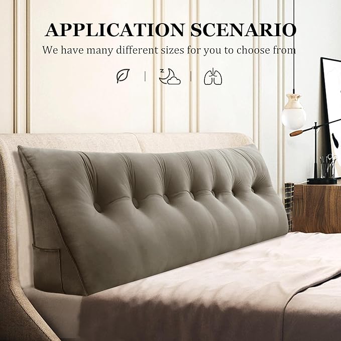 14 lbs Thickened King Wedge Pillow Headboard Body Positioner Bed Wedge Pillow Backrest Support Triangular Headboard Cushion with Side Pocket Velvet Positioning Support Taupe