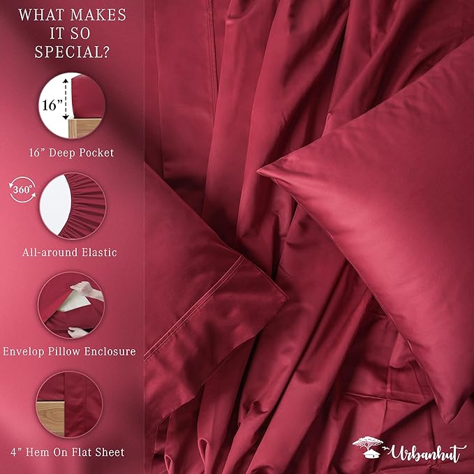 URBANHUT 1000 Thread Count Full Bed Sheets Egyptian Cotton Sheet Set, Long Staple Soft & Breathable, 4 Pc Bed Sheet Sets, Luxury Hotel Sateen Sheets Fits 16" Deep Pocket - Burgundy