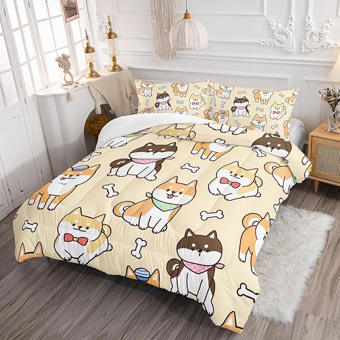 Kawaii Cartoon Corgi Dog Animal Themed 3Pcs Comforter Full Yellow Black Dogs Pattern Bedding for Kids Teens Girls Boys Cute White Bone Quilt Bed Decor Set with 1 Comforter and 2 Pillowcases