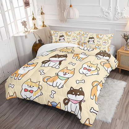 Kawaii Cartoon Corgi Dog Animal Themed 3Pcs Comforter Full Yellow Black Dogs Pattern Bedding for Kids Teens Girls Boys Cute White Bone Quilt Bed Decor Set with 1 Comforter and 2 Pillowcases