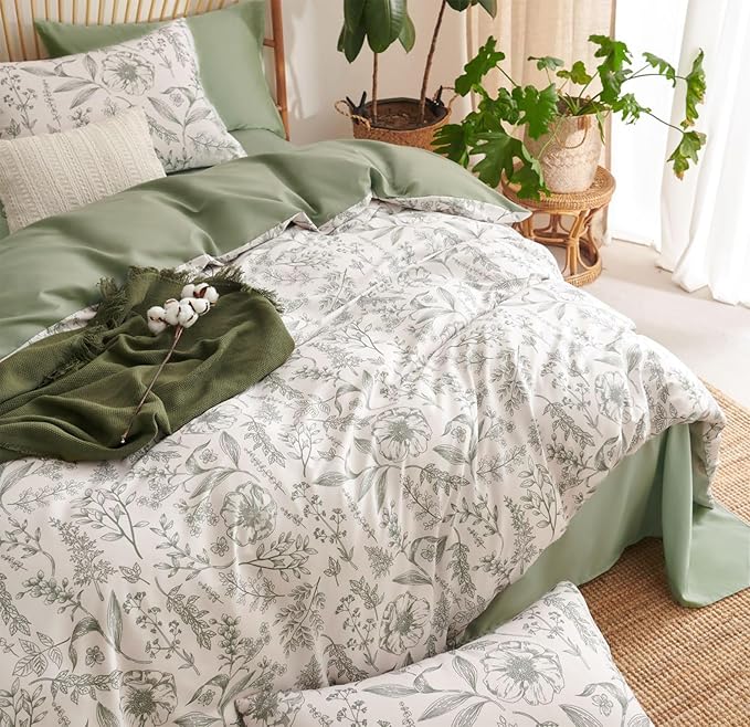 Floral Duvet Cover King Size Sage Green Flower Botanical Duvet Cover Set 3 Pcs for Kids Boys Girls Spring Garden Aesthetic Leaves Soft Breathable Bedding Set with 2 Pillowcases