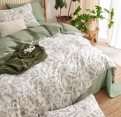 Sage Green Duvet Cover Queen Size Romantic Floral Botanical Bedding Set 3 Pcs for Kids Boys Girls Spring Garden Aesthetic Leaves Soft Breathable Comforter Cover with 2 Pillowcases