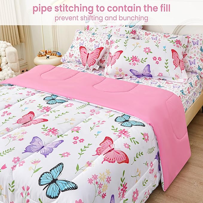 Mooreeke Full Size Comforter Sets for Girls Kids, 8 Pieces Bed in a Bag Flower Butterfly Bedding Comforter Sheet Set with Shams and Decorative Toy Pillow, Ultral Soft Microfiber Kids Bed Set