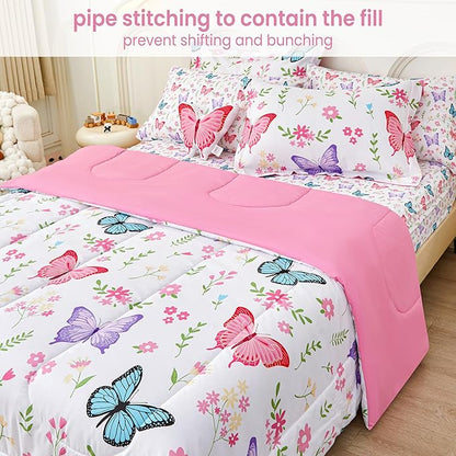 Mooreeke Full Size Comforter Sets for Girls Kids, 8 Pieces Bed in a Bag Flower Butterfly Bedding Comforter Sheet Set with Shams and Decorative Toy Pillow, Ultral Soft Microfiber Kids Bed Set
