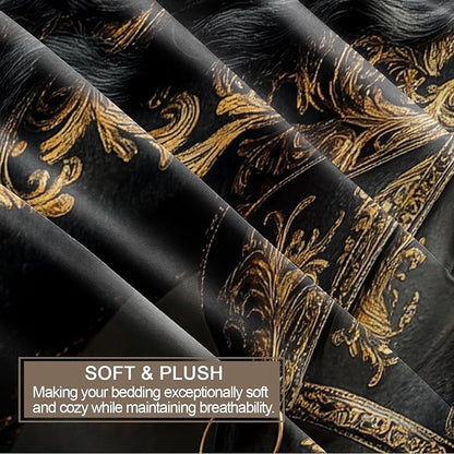 Black Horse Duvet Cover California King, Ancient Warhorses Bedding Set Bedroom Decor Retro Golden Pattern Comforter Cover and 2 Pillow Sham with Zipper Closure